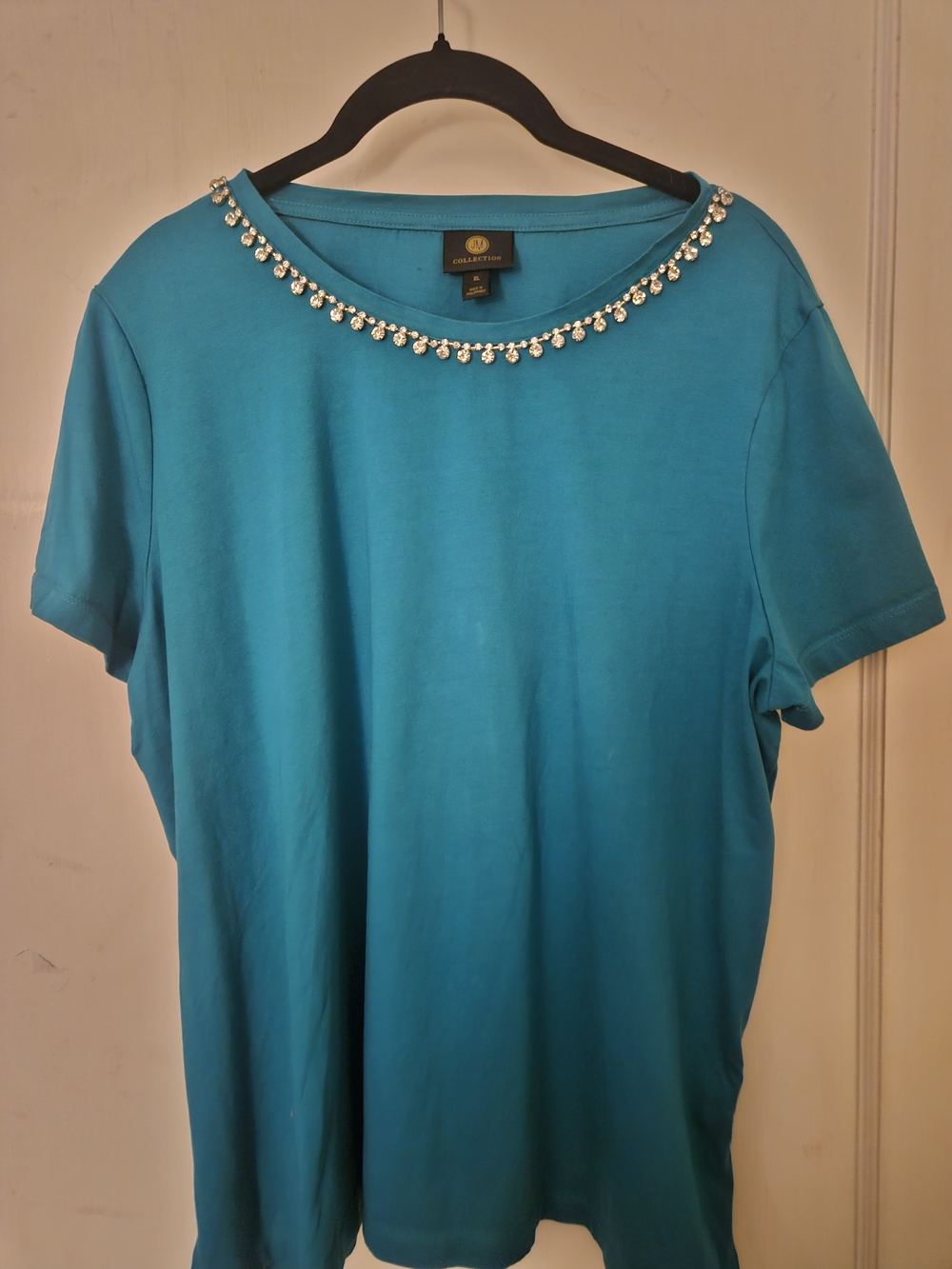 JM Collection Teal Short-Sleeved Jewel-Trim Crewneck Tee